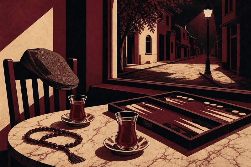 Gece boş bir kahvehane: ince belli çay bardakları, tespih ve sandalyede bir kasket