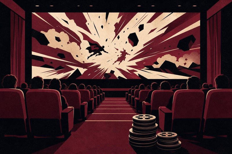 Arkadan görülen sinema koltukları ve ışık patlamalarıyla dolu dev bir perde