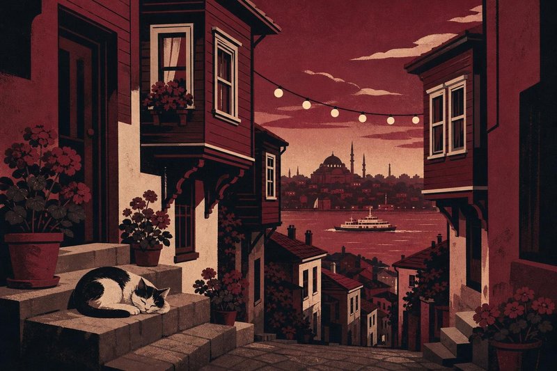 Akşam vakti İstanbul’da dik bir sokak, eski bir mahalle sineması ve uzakta cami kubbesi